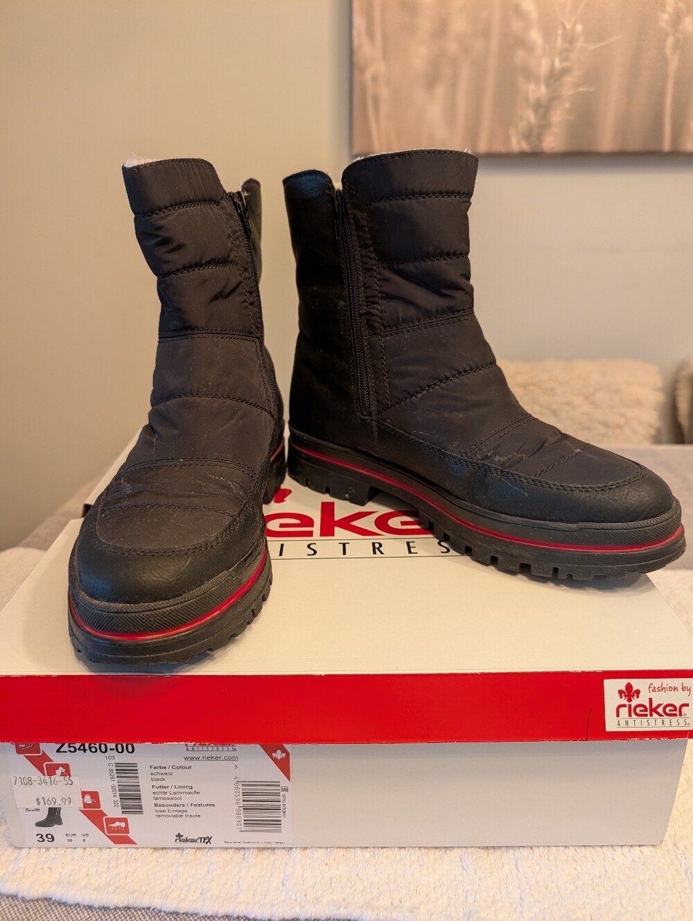 RIEKER TEX Black Lambswool Winter Boots Size 8 Waterproof Grip Sole